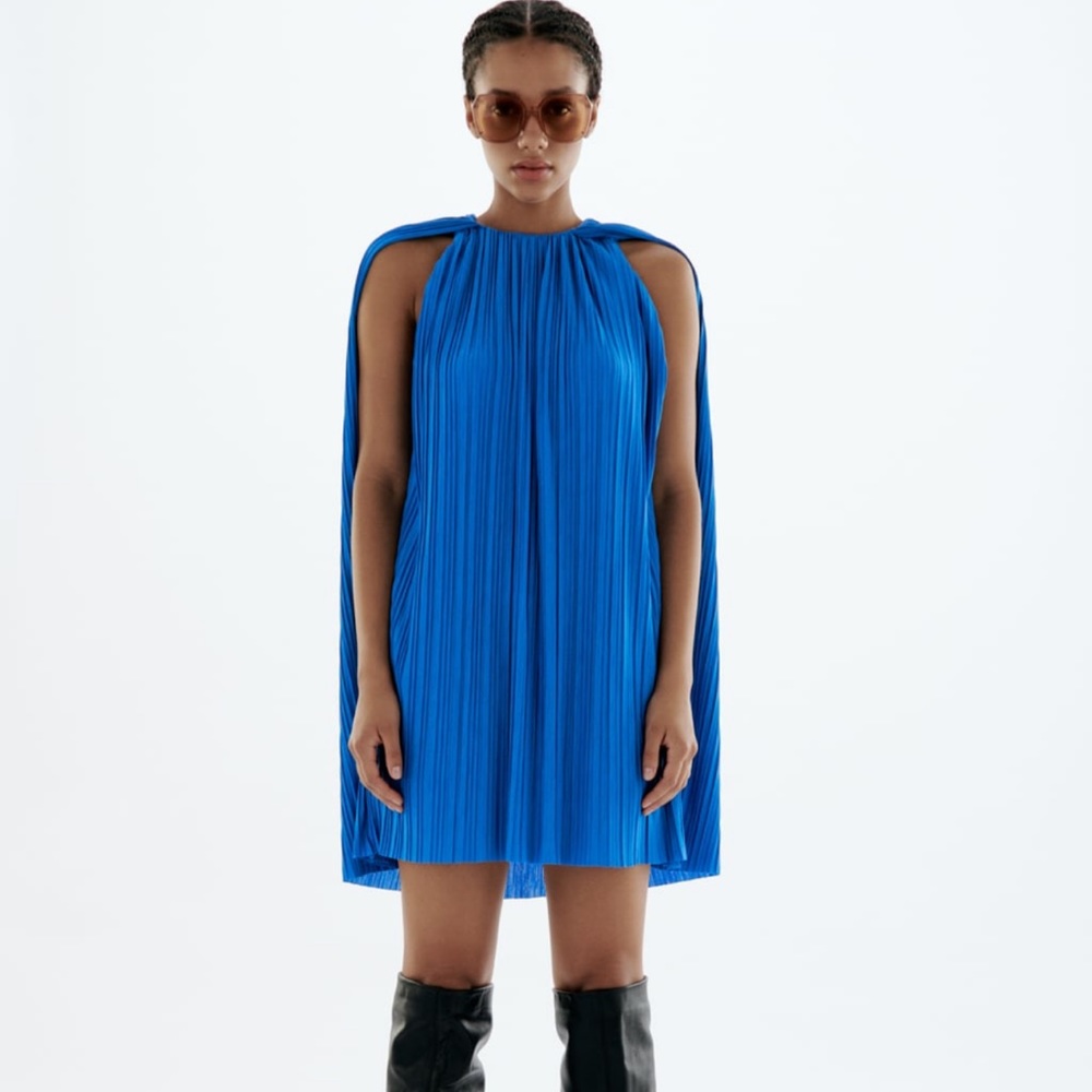 Zara blue pleated cape dress